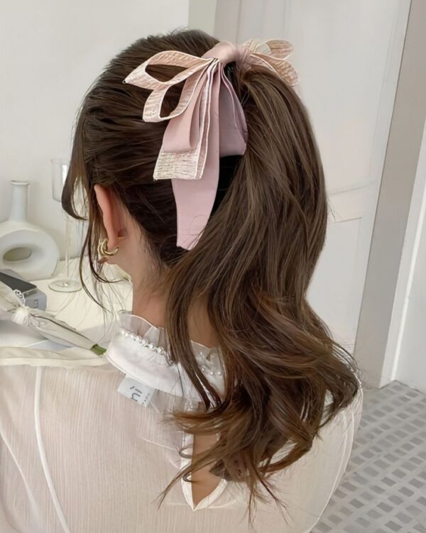 โบว์คาดผม - โบว์ผ้าสีชมพูห้อยยาว ใช้รัดผมหางม้า