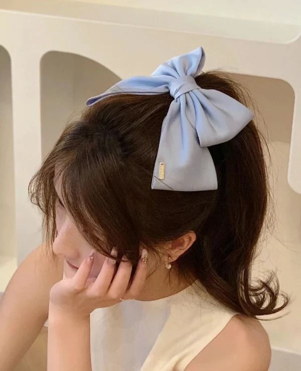 โบว์ผ้าแก้ว - โบว์ผ้าแก้วลายตารางสีฟ้า-ขาว