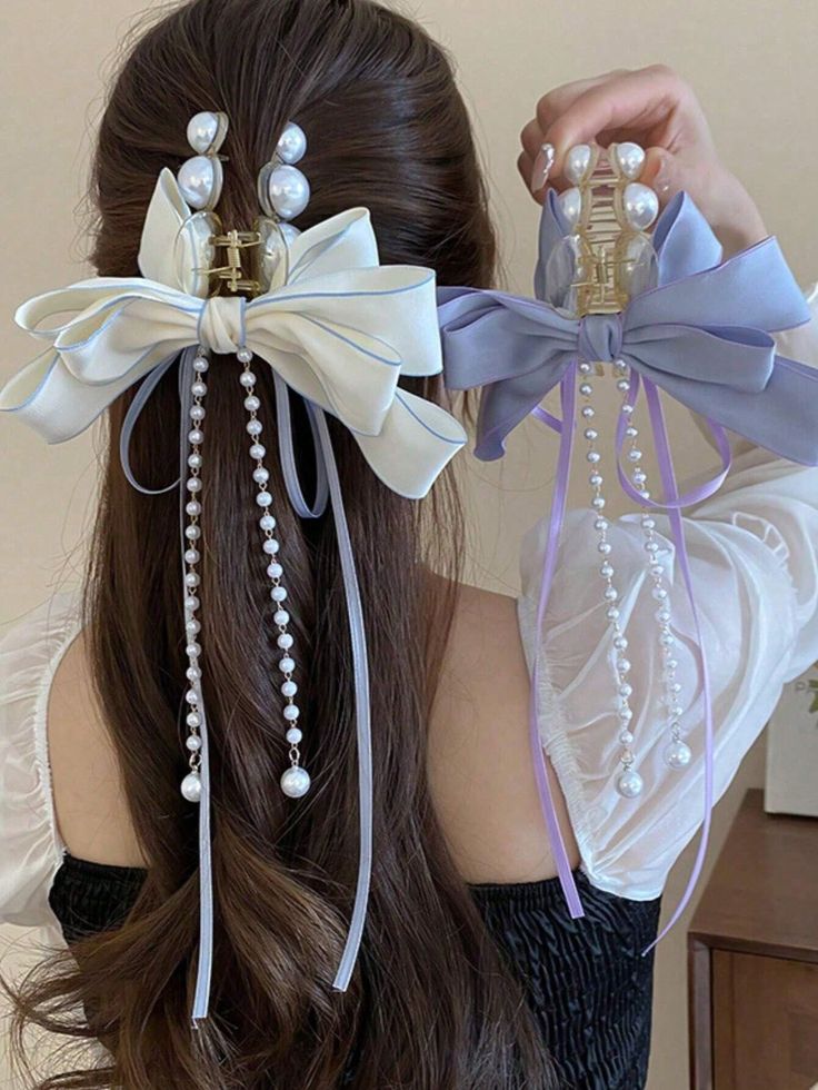 กิ๊บหางเปียเจ้าหญิง - โบว์ตาข่ายติดไข่มุกและห่วงยาว